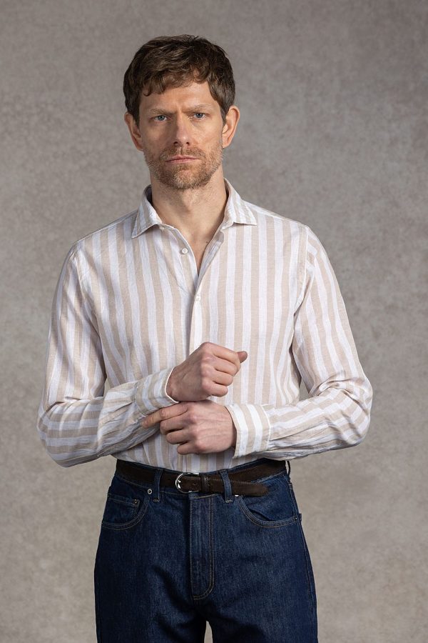 Casualowa koszula w beżowe pasy